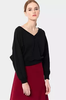 Свободный укороченный черный свитшот с рукавами летучая мышь и отделкой в рубчик