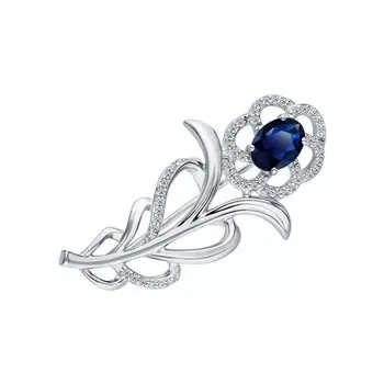Серебряная брошь с фианитами и сапфиром природным
