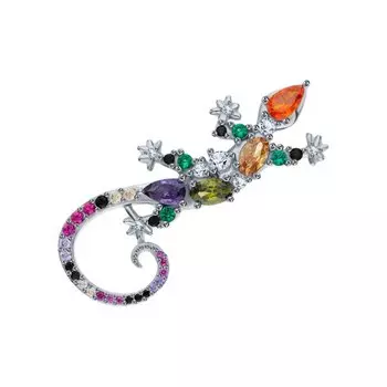 Серебряная брошь с фианитами и синтетическим корундом