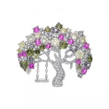 Серебряная брошь с фианитами и синтетическим корундом