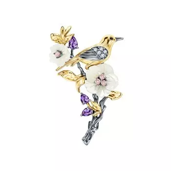 Серебряная брошь с перламутром, фианитами и со шпинелью