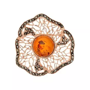 Серебряная брошь с янтарем и марказитами природными