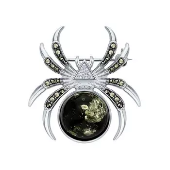 Серебряная брошь с янтарями природными