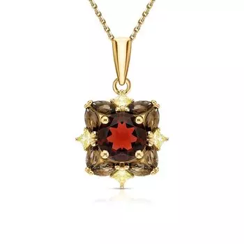 Серебряная подвеска с гранатом, фианитами и кварцами дымчатыми