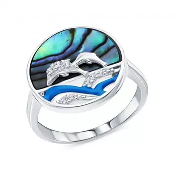 Серебряное кольцо с эмалью, фианитами и перламутром природным