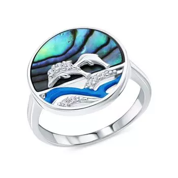 Серебряное кольцо с эмалью, фианитами и перламутром природным