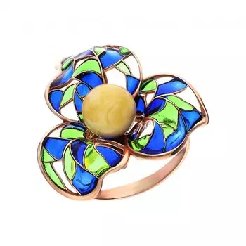 Серебряное кольцо с эмалью и янтарем природным