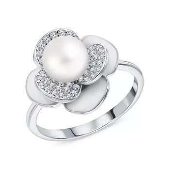 Серебряное кольцо с эмалью, жемчугом и фианитами