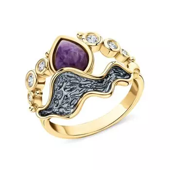 Серебряное кольцо с чароитом и фианитами