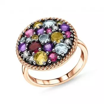 Серебряное кольцо с цитринами, фианитами, топазами, аметистами и родолитами