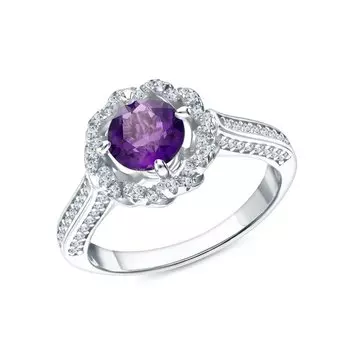 Серебряное кольцо с фианитами и аметистами природными