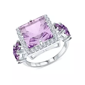 Серебряное кольцо с фианитами и аметистами природными