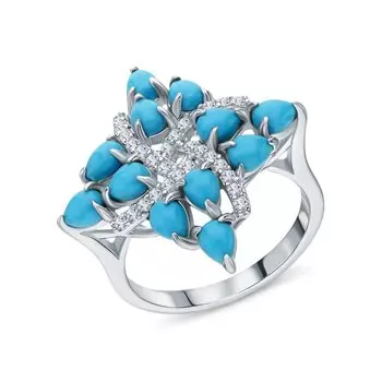 Серебряное кольцо с фианитами и бирюзо синтетической