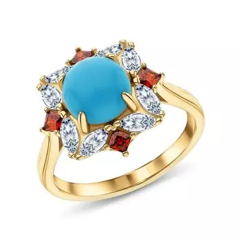 Серебряное кольцо с фианитами и бирюзой синтетической