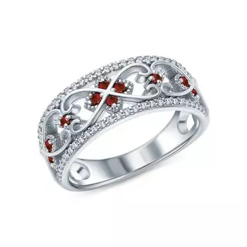 Серебряное кольцо с фианитами и гранатами природными