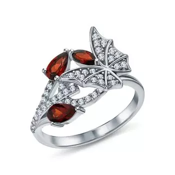 Серебряное кольцо с фианитами и гранатами природными