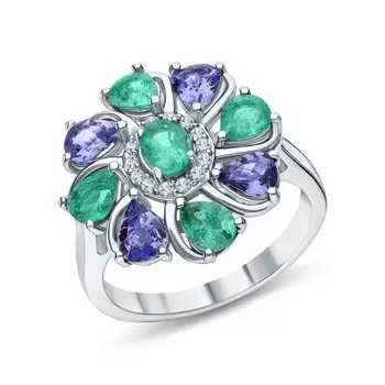 Серебряное кольцо с фианитами и изумрудами природными