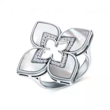 Серебряное кольцо с фианитами и перламутром природным