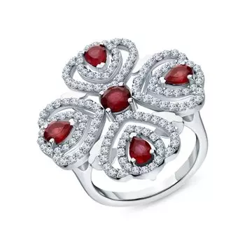 Серебряное кольцо с фианитами и рубинами природными