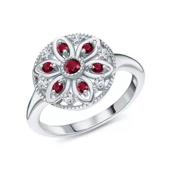 Серебряное кольцо с фианитами и рубинами природными