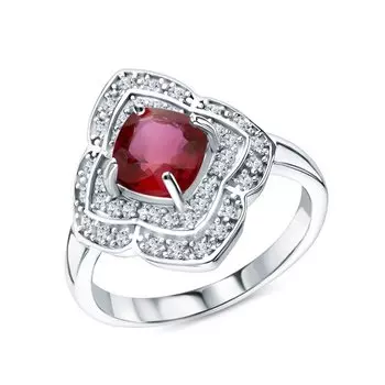 Серебряное кольцо с фианитами и рубинами природными