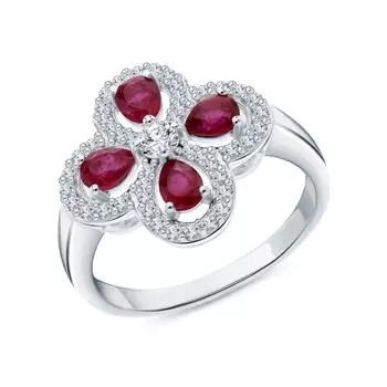 Серебряное кольцо с фианитами и рубинами природными