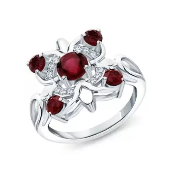 Серебряное кольцо с фианитами и рубинами природными