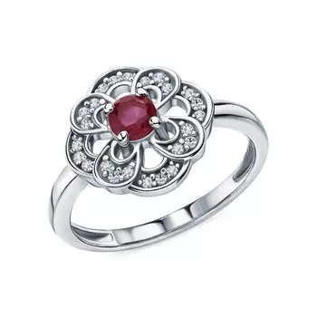 Серебряное кольцо с фианитами и рубином природным