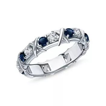 Серебряное кольцо с фианитами и сапфирами природными
