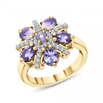 Серебряное кольцо с фианитами и танзанитами природными