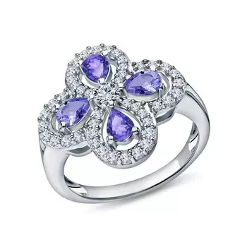 Серебряное кольцо с фианитами и танзанитами природными