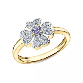 Серебряное кольцо с фианитами и танзанитами природными