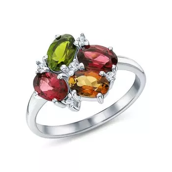 Серебряное кольцо с фианитами и турмалинами природными