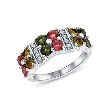 Серебряное кольцо с фианитами и турмалинами природными