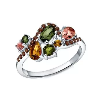 Серебряное кольцо с фианитами и турмалинами природными