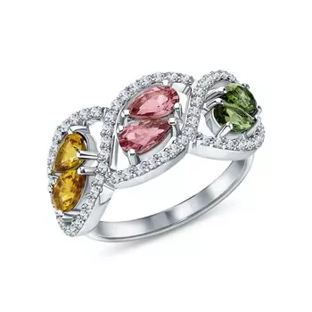 Серебряное кольцо с фианитами и турмалинами природными