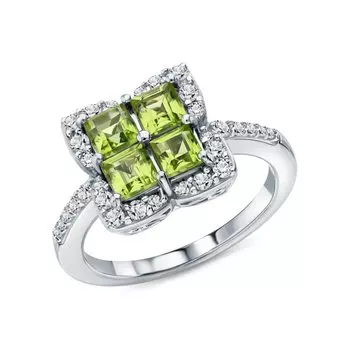 Серебряное кольцо с хризолитами природными и фианитами