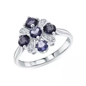 Серебряное кольцо с иолитом и фианитами