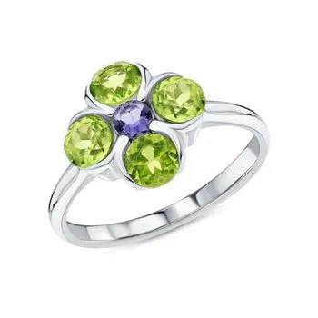 Серебряное кольцо с иолитом и хризолитами природными