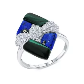 Серебряное кольцо с лазуритом, фианитами и малахитом