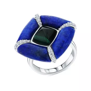 Серебряное кольцо с лазуритом, фианитами и малахитом