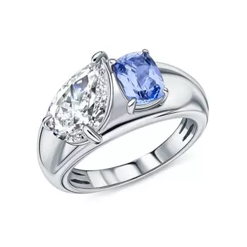 Серебряное кольцо с сапфиром выращенным и муассанитом