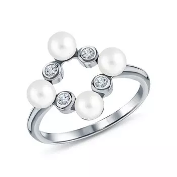 Серебряное кольцо с жемчугом и фианитами