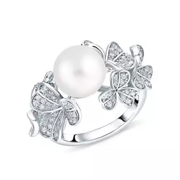 Серебряное кольцо с жемчугом и фианитами