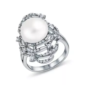 Серебряное кольцо с жемчугом и фианитами