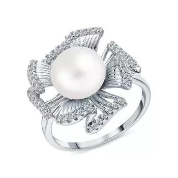 Серебряное кольцо с жемчугом и фианитами