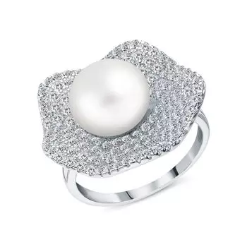 Серебряное кольцо с жемчугом и фианитами