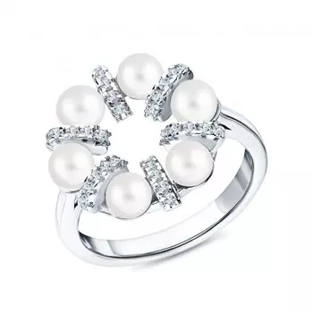 Серебряное кольцо с жемчугом и фианитами