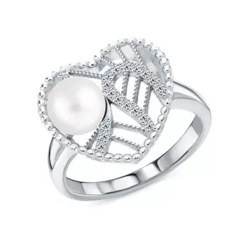 Серебряное кольцо с жемчугом и фианитами