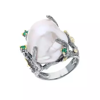 Серебряное кольцо с жемчугом природным и фианитами